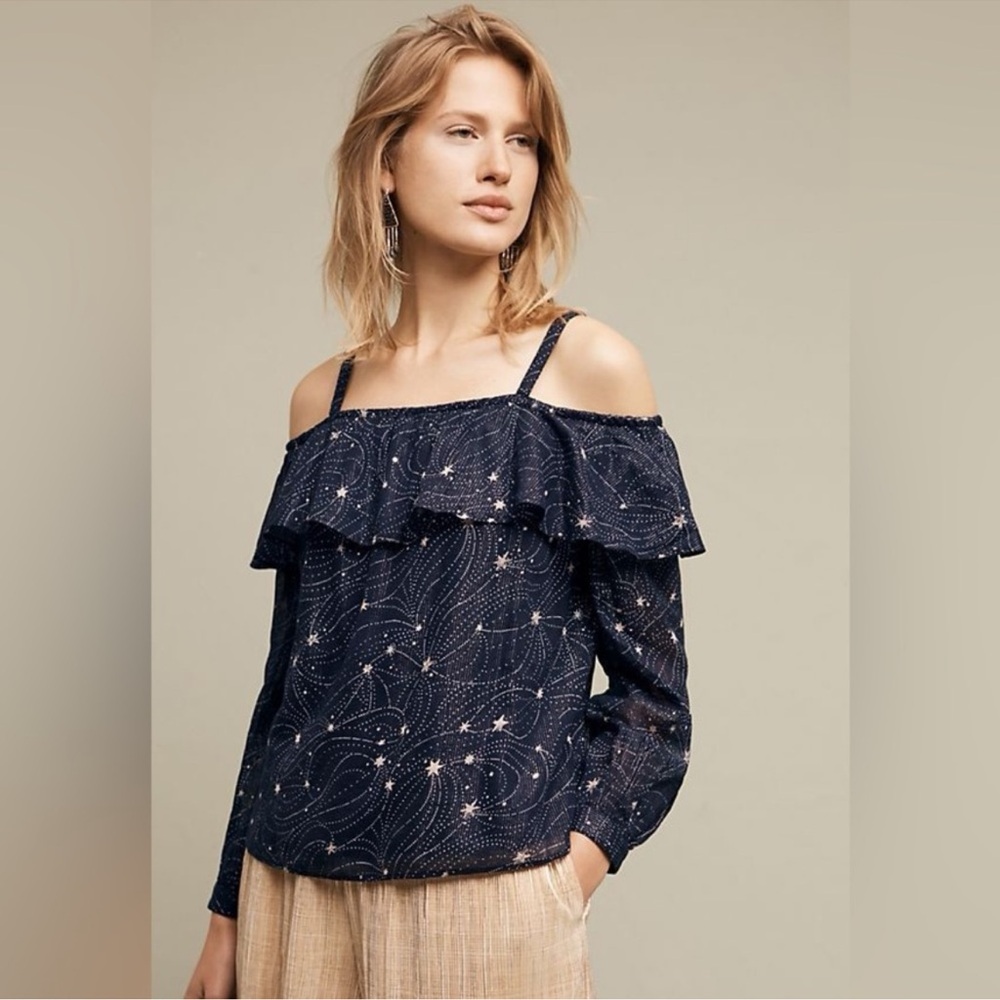 Anthropologie by floreat Navy with Silver Stars Off-Shoulder Top